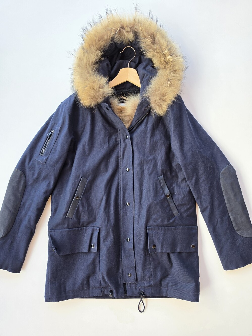Sandro Navy Blue Fur Trimmed Fleece Lined Parka Jacket